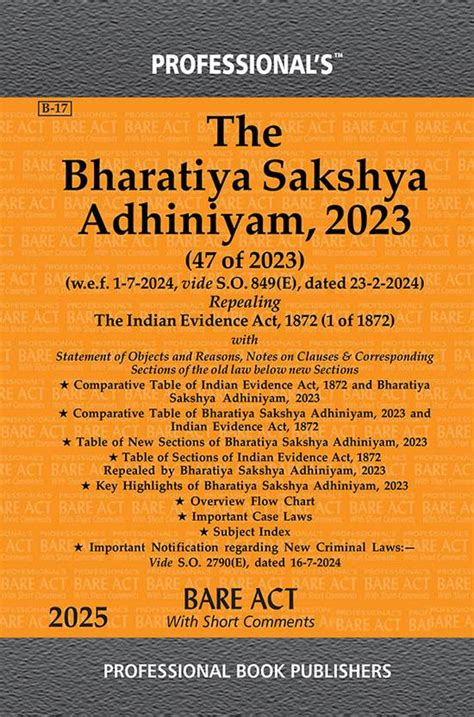 PROFESSIONAL'S Bharatiya Sakshya Adhiniyam, 2023 (BSA) Bare Act With ...