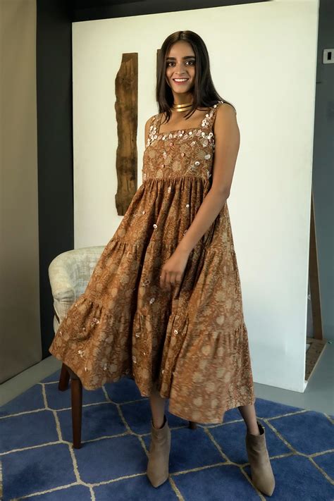 Applique rust kalamkari tiered cotton midi dress – Airavata Weaves and ...