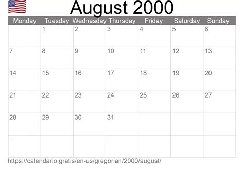 Calendar August 2000 from United States of America in English: Holidays ...