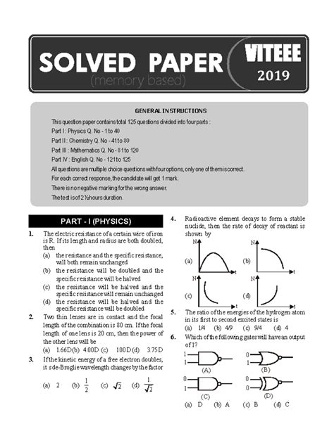 VITEEE 2019 Solved Paper: Memory-Based Questions and Answers - Studocu