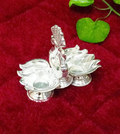 Buy Luckypot German Silver Twin Peacock Two Lotus Diya for Pooja/Decor ...