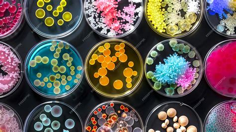 A diverse array of colorful bacteria cultures in Petri dishes Microbial ...