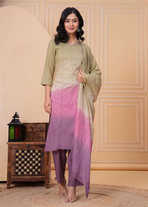 Pure Cotton Ombre Shade Suit Set in Light Brown – Heritage Hues By Ritika