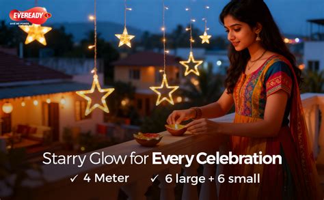 Buy Eveready Utsav, 4 Meter Curtain Led Light Star, 6 Large Stars & 6 ...