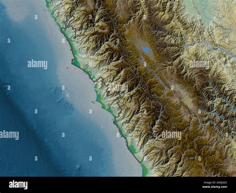 Lima, region of Peru. Colored elevation map with lakes and rivers Stock ...