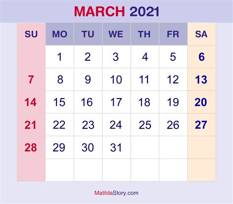 March 2021 Monthly Calendar, Monthly Planner, Printable Free – Sunday Start – MatildaStory.com