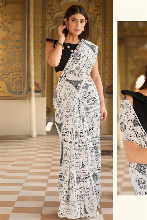 Buy Desert Storm White Handblock Printed Saree Online - MySilkLove