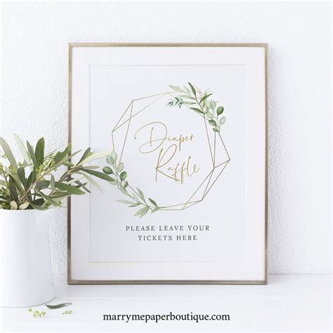 Diaper Raffle Sign and Ticket Template, Greenery & Gold Geometric, Baby ...