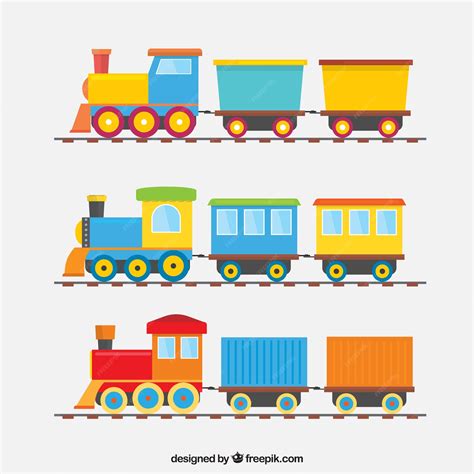 Collection of three colored trains with wagons | Premium Vector