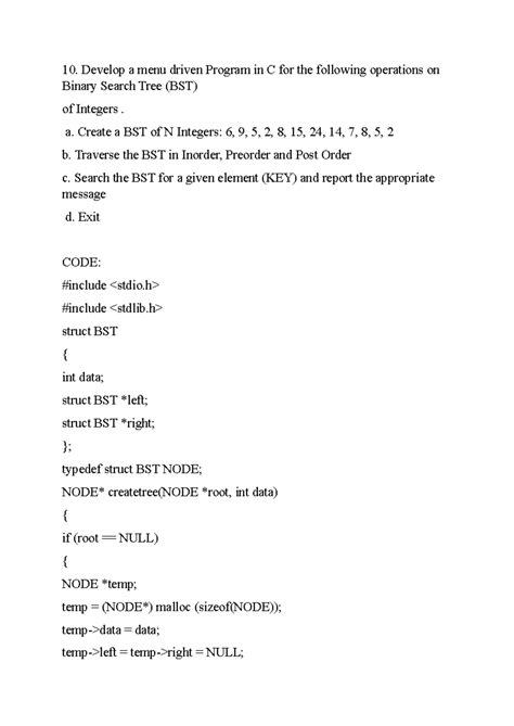 C Program: Menu-Driven BST Operations (Code: 10 & 11) - Studocu