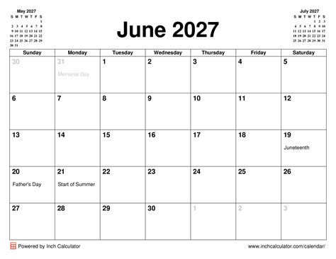 June 2027 Calendar - Inch Calculator