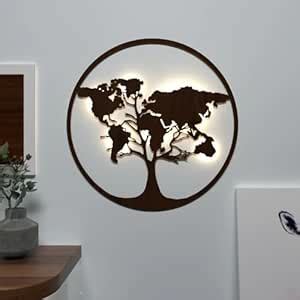 DEKORSTATION Walnut Tree Shape World Map Decorative Wall Backlit Art ...