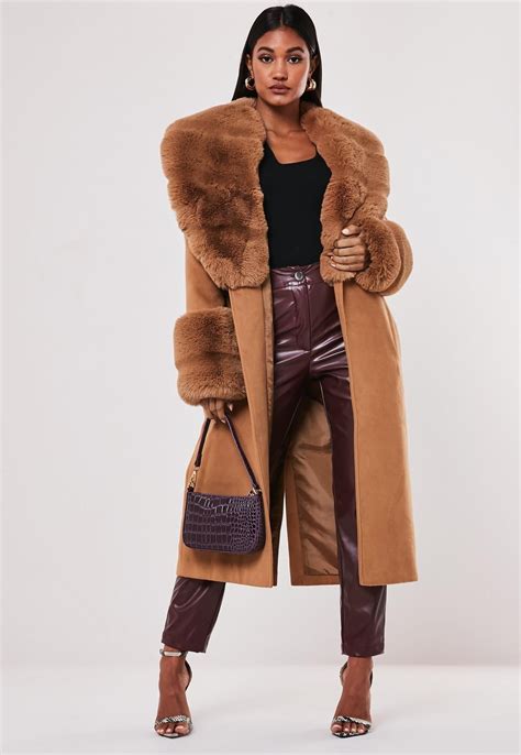 Tan Pelted Faux Fur Collar Cuff Coat | Missguided | Coats jackets women ...