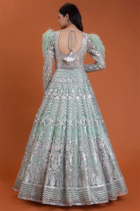 Dusty Mint Green Applique Embroidered Net Reception Gown – Rim Zim Fashion