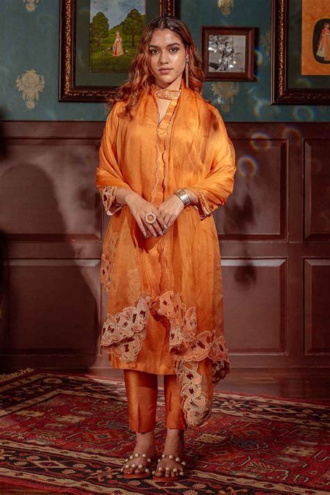 Shop Orange Cut-Work Embroidered Kurta & Pant Set by LAHARIO at House ...