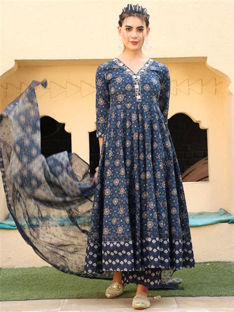 Navy Cotton Calf Length Printed Anarkali V-Neck Kurta Suit Set ...