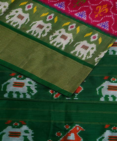 Pink green silk handwoven ikat pochampally saree – GoSwadeshi