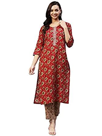 Buy GoSriKi Women's Cotton Blend Printed Straight Kurta with Pant ...