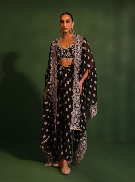 Mulmul Organza Maya Black Cape Shrug With Mulmul Crepe Maya Black Skir