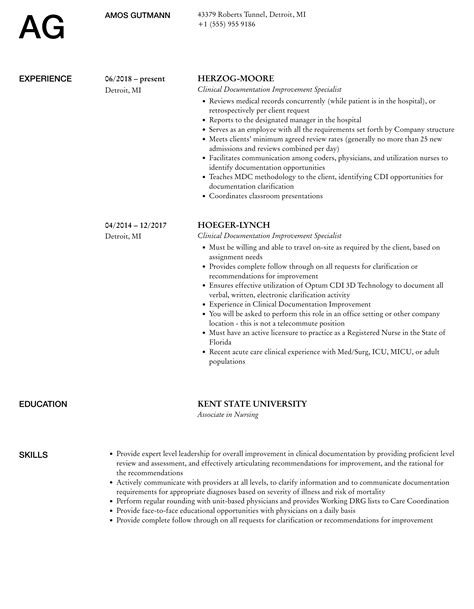 Clinical Documentation Improvement Specialist Resume | Velvet Jobs