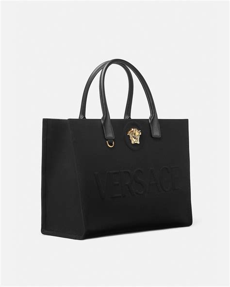 La Medusa Canvas Large Tote Bag Black,Gold | VERSACE US