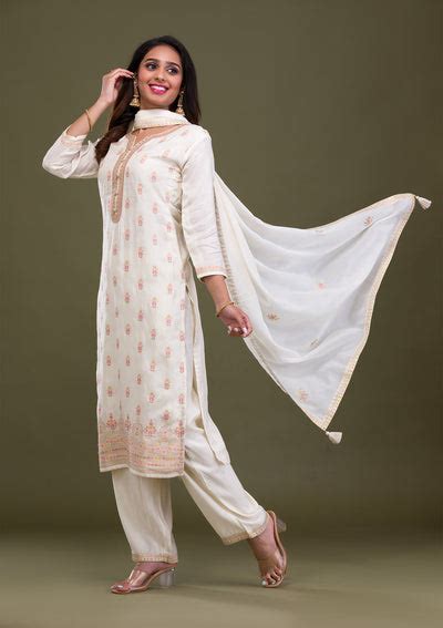 Buy Cream Zariwork Art Silk Readymade Salwar Suit - Koskii