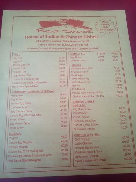 Menu at Red Sauce, Howrah