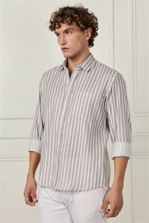Grey stripe printed full sleeve linen shirt – Eloura Club (W)