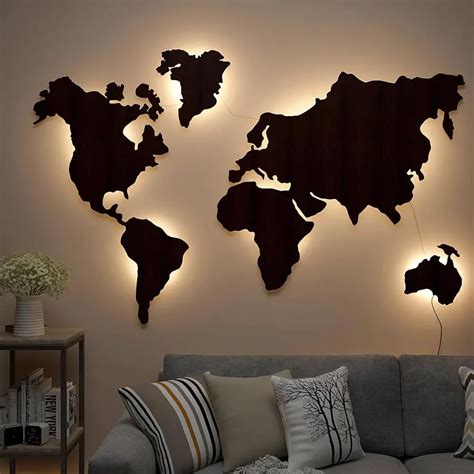 DEKORSTATION World Map Golden Yellow Backlit Wood Wall Decor&Night ...