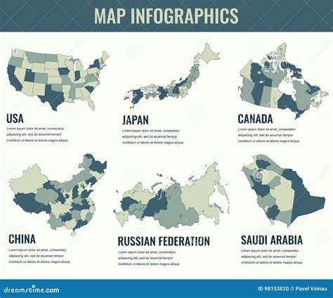 Country Maps Infographic Template. USA, Japan, Canada, China, Germany, Saudi Arabia. Selectable ...