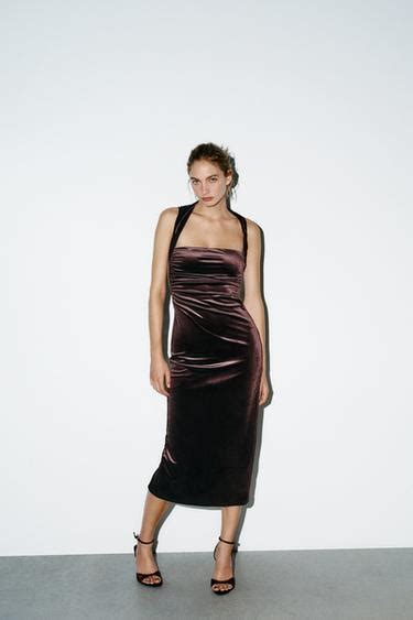 VELVET SQUARE NECKLINE MIDI DRESS - Dark brown | ZARA India