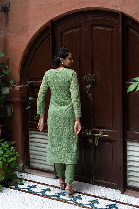 Green Georgette Chikankari Kurta – Weavllite