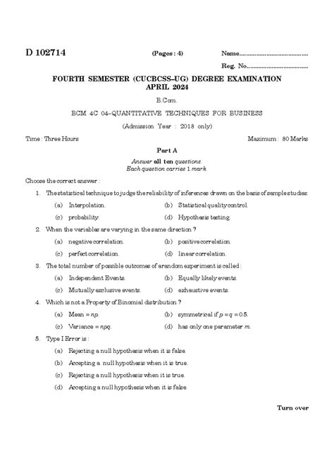 B.Com. BCM 4C Final Exam: Quantitative Techniques April 2024 - Studocu