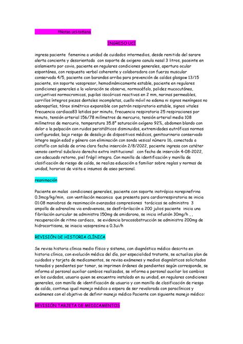 Notas uci-tati - ..ghjjhghjghj - ºNotas uci-tatiana INGRESO UCI ingresa paciente femenina a ...