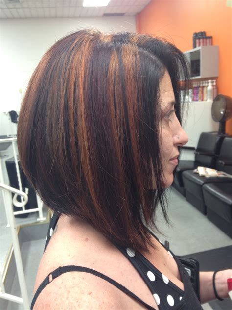 Red base with brown and blonde Highlights and long stacked bob # ...