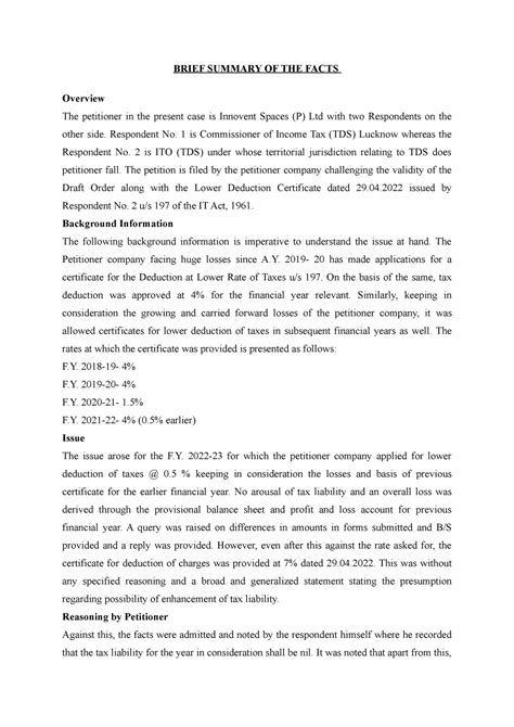 Brief of Innovent case - BRIEF SUMMARY OF THE FACTS Overview The ...