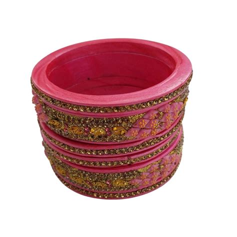 Pink Rajasthani Lac Kada Bangles with Pink Stones, Golden Rhinestones ...