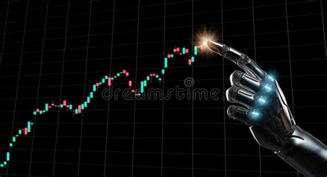 A robotic hand engaged with a laptop, illustrating stock market trends through data visualizations