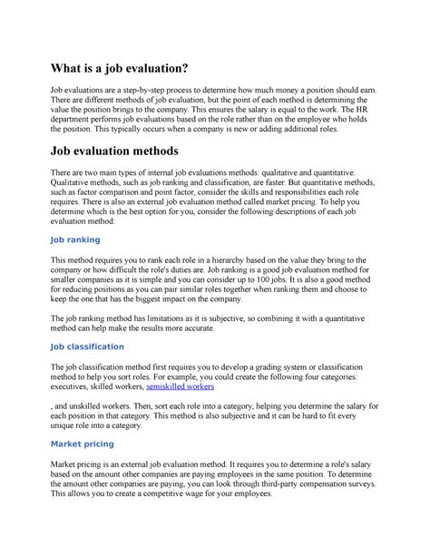 Job Evaluation - What is a job evaluation? Job evaluations are a step-by-step process to ...