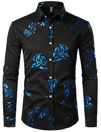 ZEROYAA Mens Hipster Royal Blue Rose Printed Slim Fit Long Sleeve Dress ...