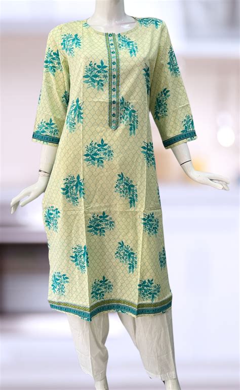 Off White/Sea Green Floral Jaipuri Cotton Kurti. Pure Versatile Cotton ...