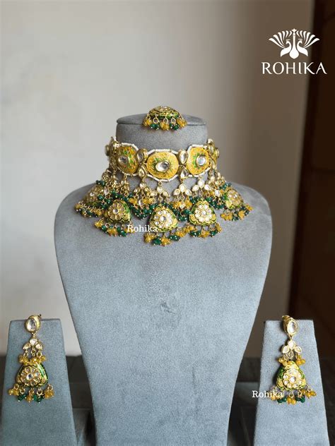 Aliya meenakari kundan necklace set - Yellow green – Rohika Store