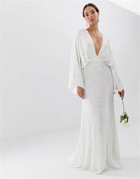 ASOS Ciara Sequin Kimono Sleeve Wedding Dress in White | Lyst