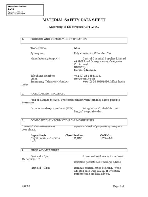 Material Safety Data Sheet for Polyaluminium Chloride 10% Solution ...