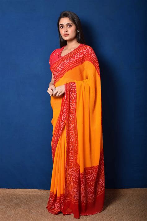 Classic Red and Orange Bandhani Chiffon Saree – Naina Jain