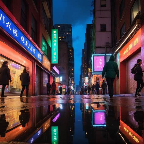 Digital art, wide angle, ambient haze street performer, neon signs, evening crowd, moody vibes 的图像结果