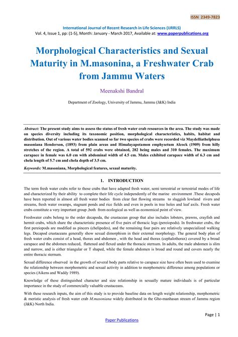 Morphological Characteristics and Sexual Maturity in M.masonina, a Freshwater Crab from Jammu ...