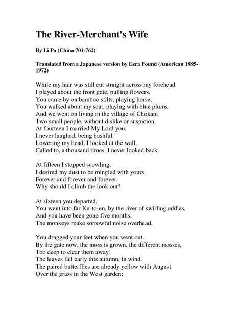 Poem ©: "The River Merchant's Wife" - by Li Po (China, A.D. 701-762 ...
