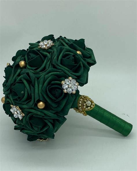 Emerald Green Real Touch Rose Wedding Bouquet – Crystal Embellished ...