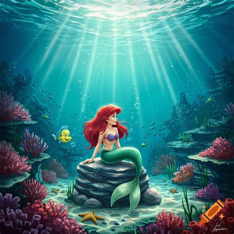 Ariel the mermaid pushes against a large mossy rock in a sunlit forest ...